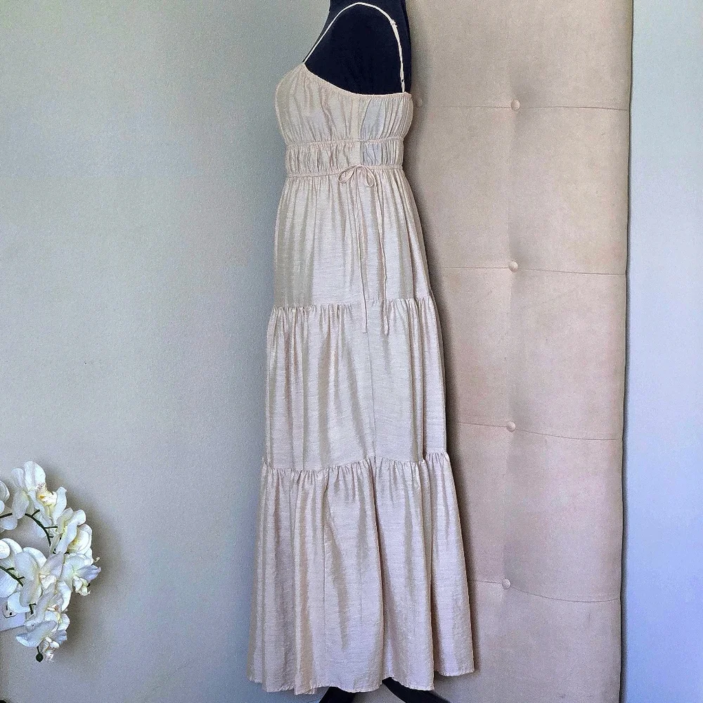 Blu Pepper-Boho Smocked Tiered Maxi Sundress, Champagne, Lined Adjustable Straps - Picture 3 of 10